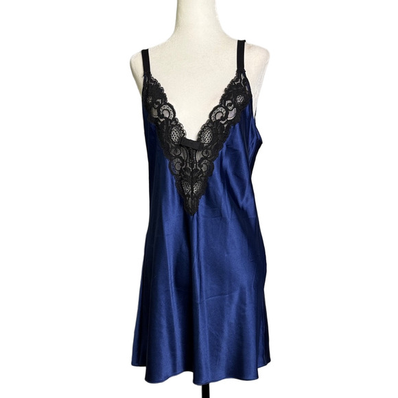 Victoria's Secret Blue with Black Lace Night Dress Slip - Picture 1 of 8